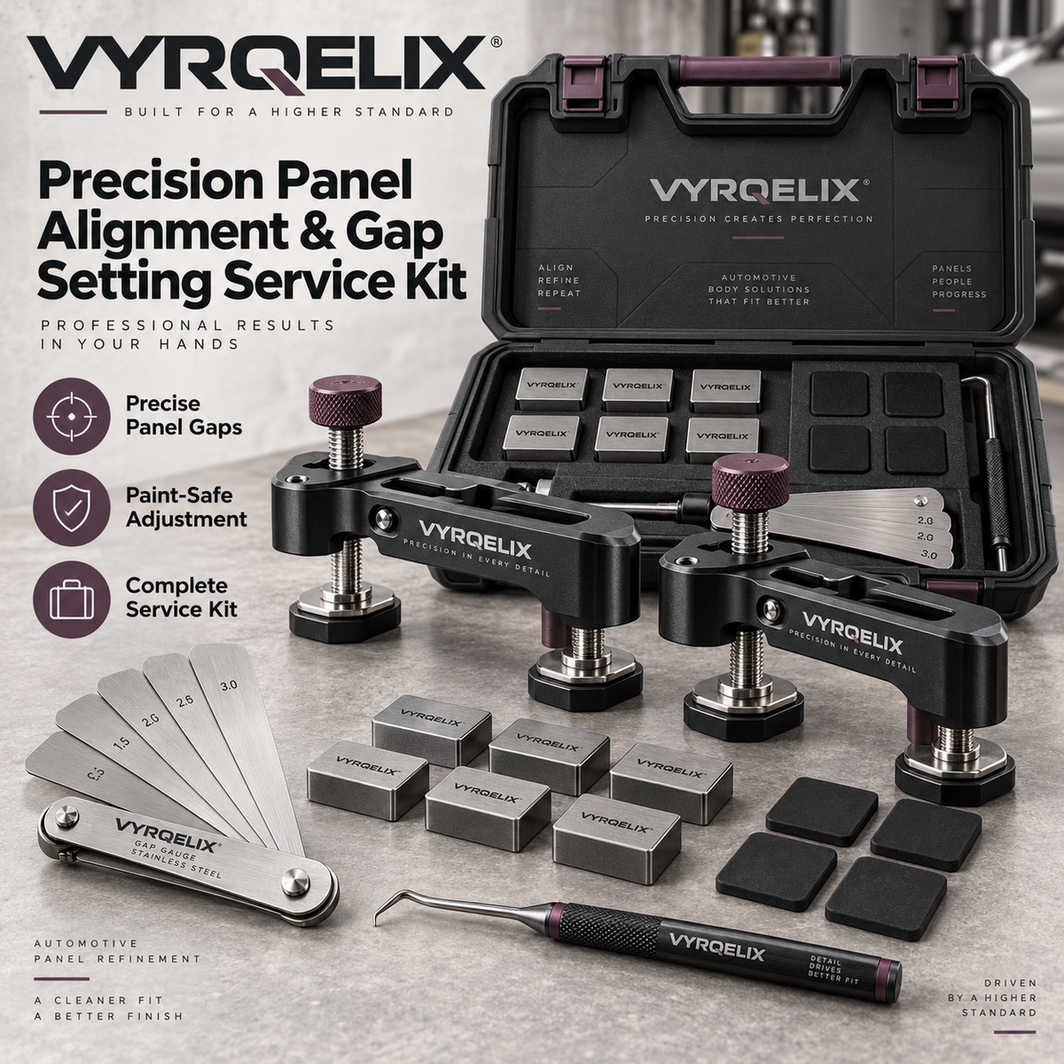 VYRQELIX Precision Panel Alignment & Gap Setting Service Kit - Fine-Adjust Bridge Clamps & Magnetic Spacer Blocks