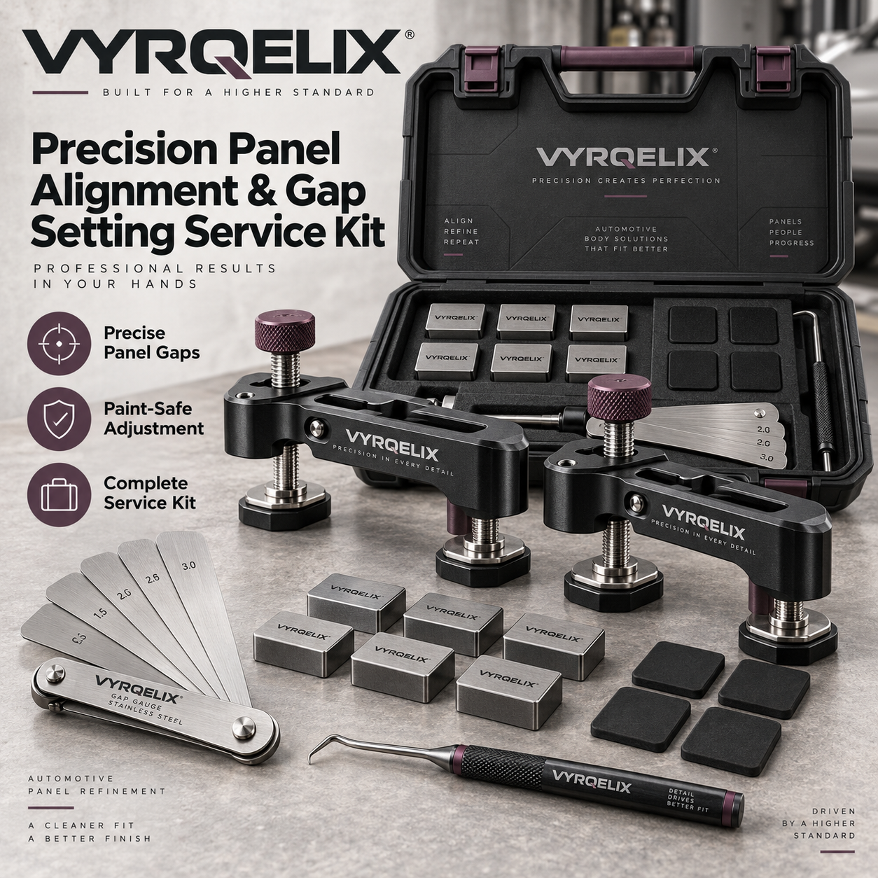 VYRQELIX Precision Panel Alignment & Gap Setting Service Kit - Fine-Adjust Bridge Clamps & Magnetic Spacer Blocks