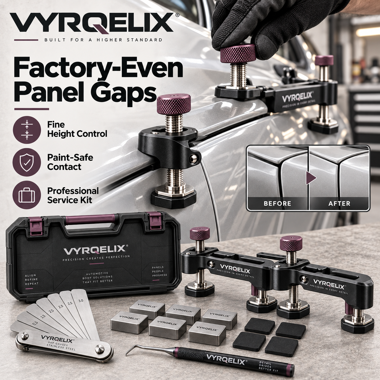 VYRQELIX Precision Panel Alignment & Gap Setting Service Kit - Fine-Adjust Bridge Clamps & Magnetic Spacer Blocks