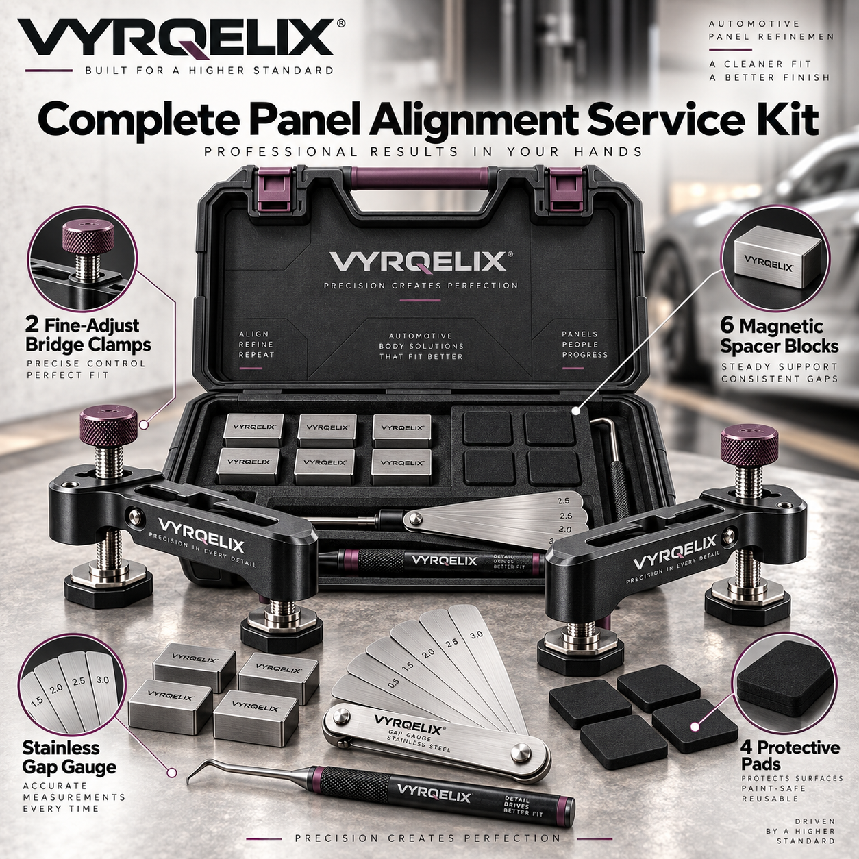 VYRQELIX Precision Panel Alignment & Gap Setting Service Kit - Fine-Adjust Bridge Clamps & Magnetic Spacer Blocks
